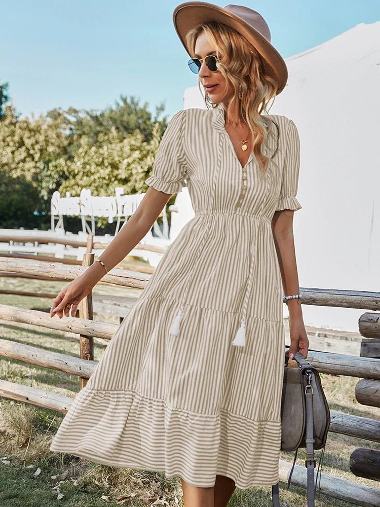Soraya – Striped V - Neck Dress - E - moda