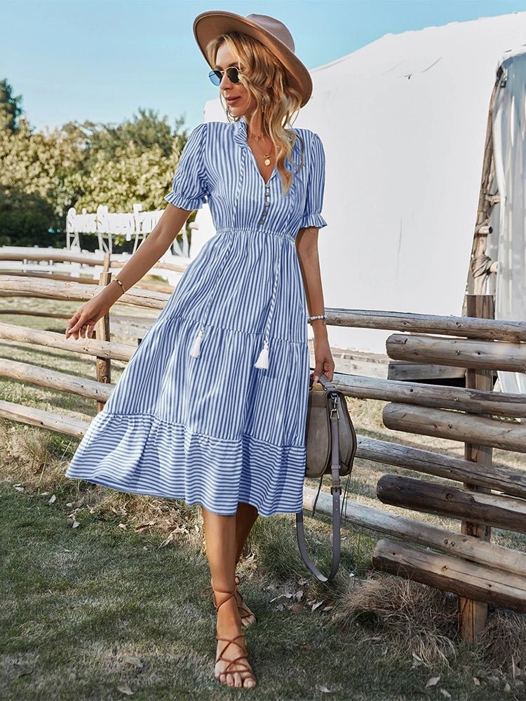 Soraya – Striped V - Neck Dress - E - moda