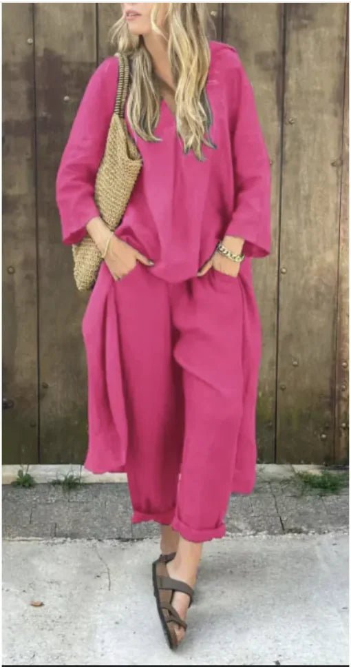 Women's 2 - Piece V - Neck Top & Wide - Leg Pants - E - moda
