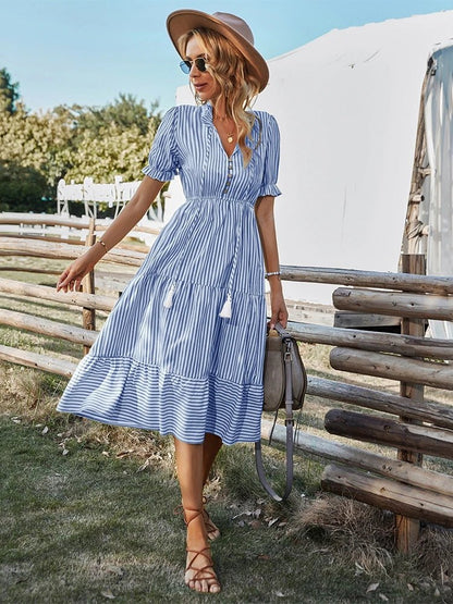 Soraya – Striped V - Neck Dress - E - moda