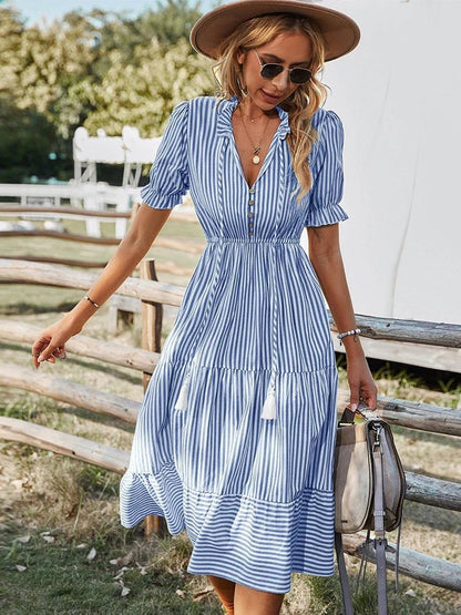 Soraya – Striped V - Neck Dress - E - moda