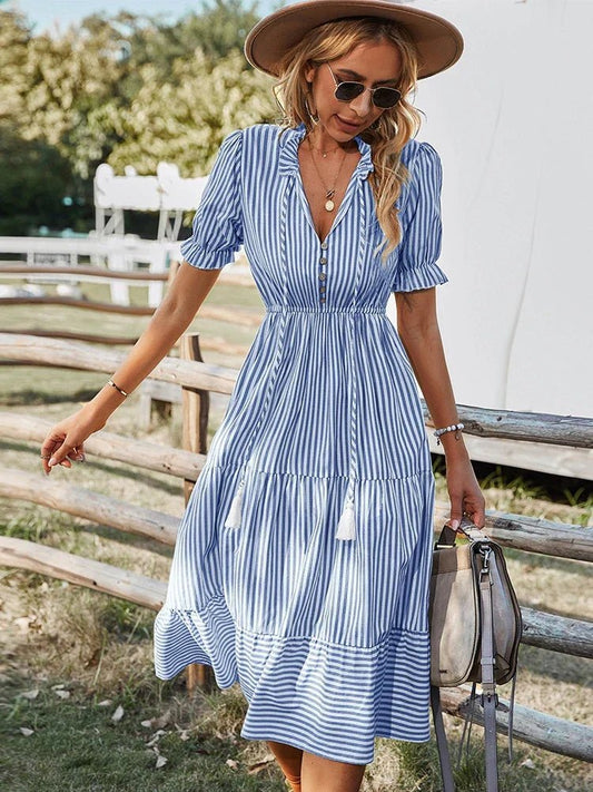 Soraya – Striped V - Neck Dress - E - moda