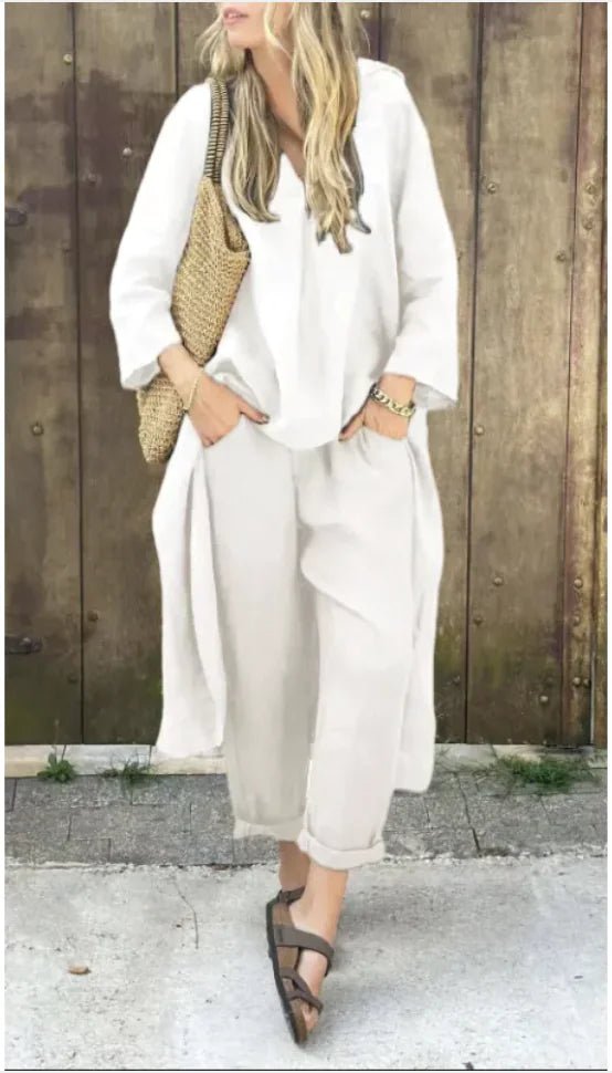 Women's 2 - Piece V - Neck Top & Wide - Leg Pants - E - moda