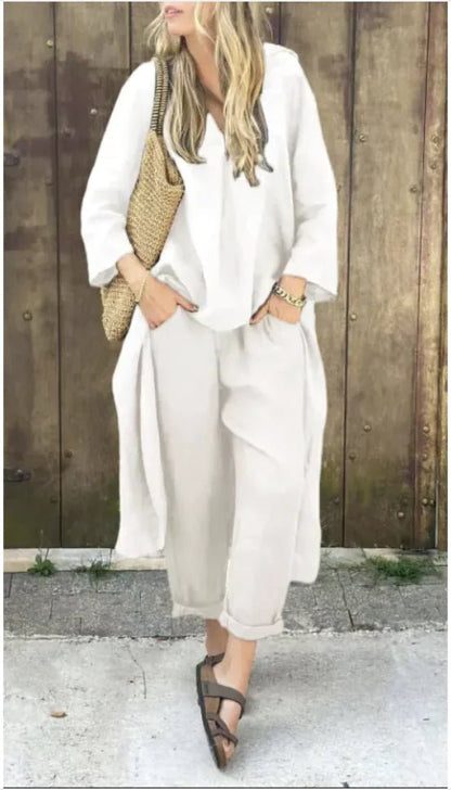 Women's 2 - Piece V - Neck Top & Wide - Leg Pants - E - moda