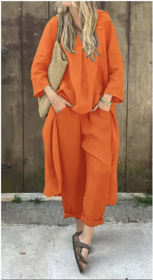 Women's 2 - Piece V - Neck Top & Wide - Leg Pants - E - moda