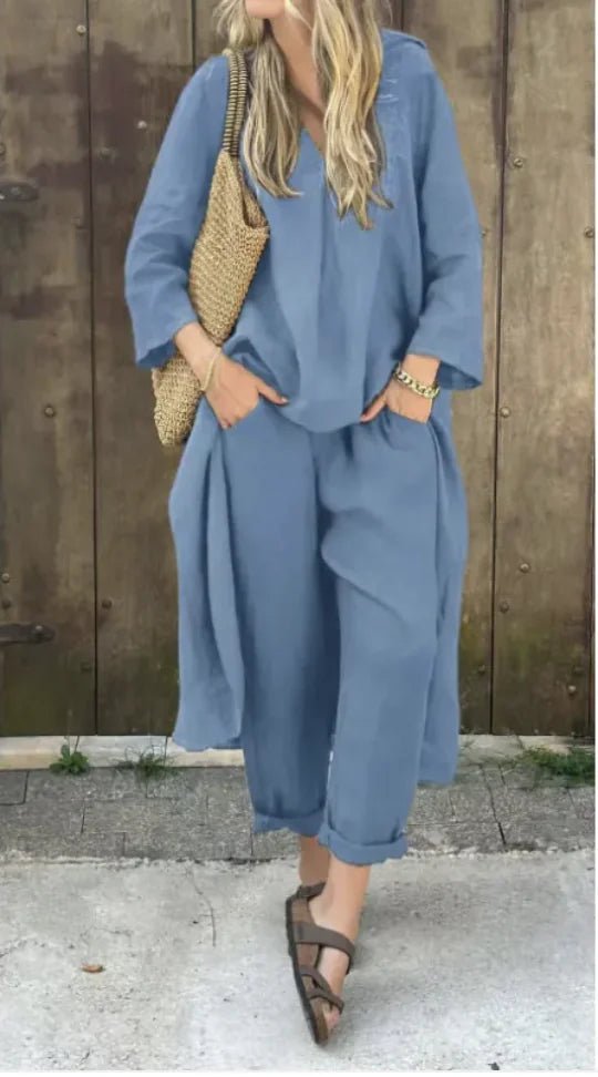 Women's 2 - Piece V - Neck Top & Wide - Leg Pants - E - moda
