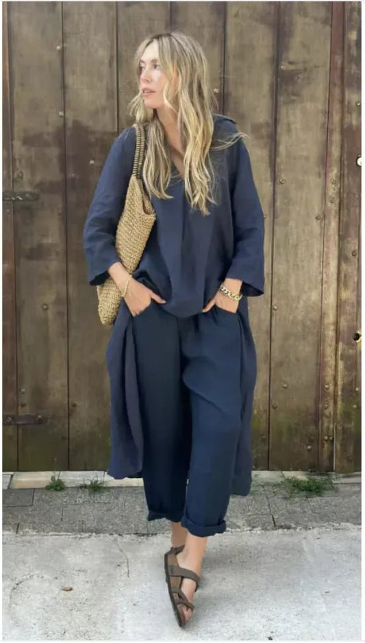Women's 2 - Piece V - Neck Top & Wide - Leg Pants - E - moda