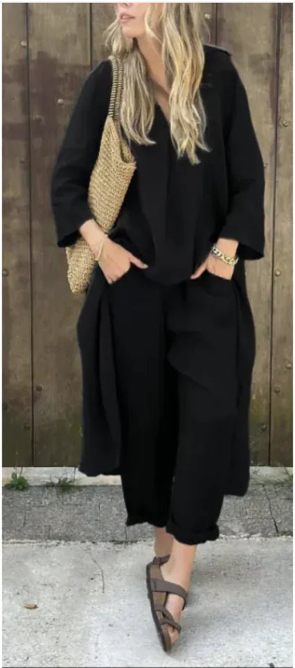 Women's 2 - Piece V - Neck Top & Wide - Leg Pants - E - moda