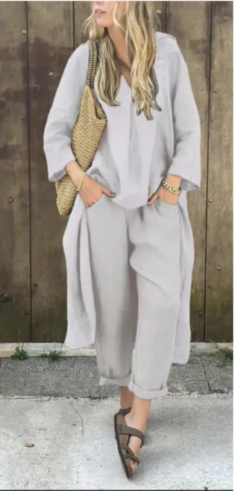Women's 2 - Piece V - Neck Top & Wide - Leg Pants - E - moda