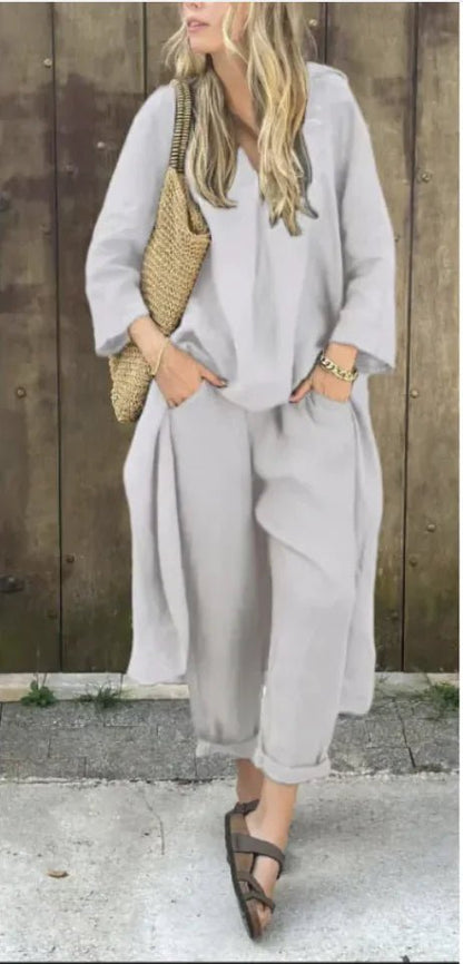 Women's 2 - Piece V - Neck Top & Wide - Leg Pants - E - moda