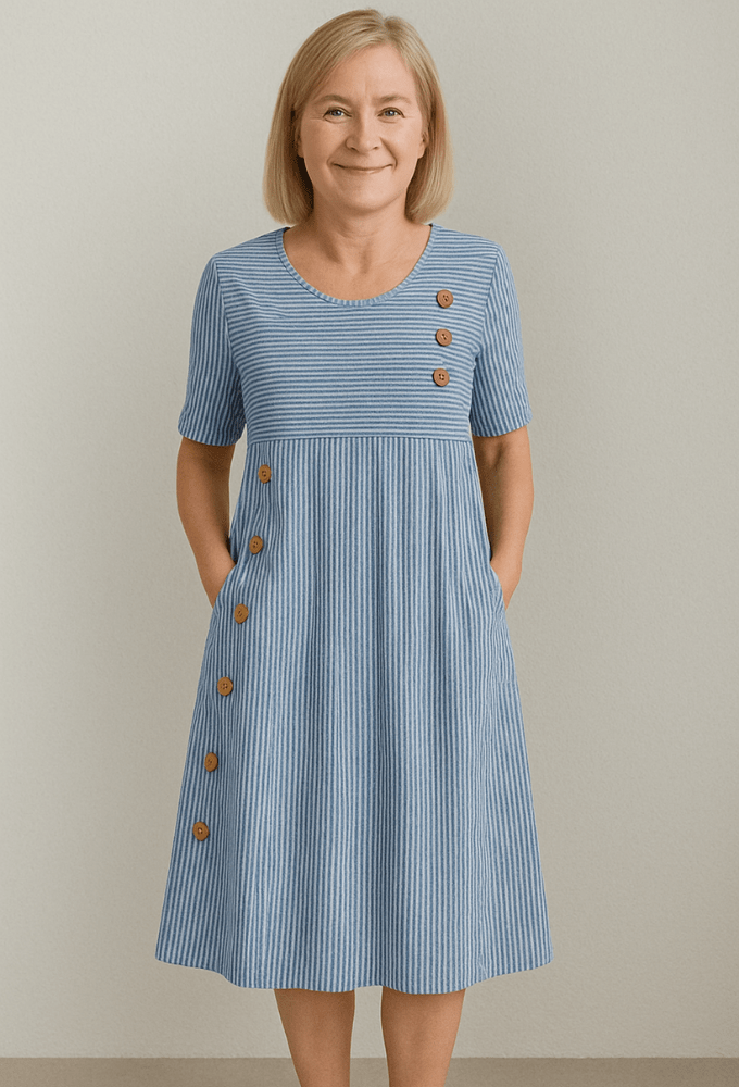 Elena | Striped Button - Detail Midi Dress - E - moda