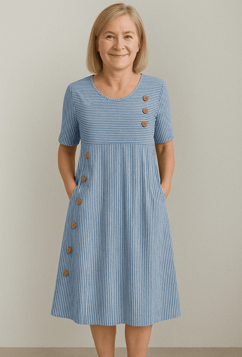 Elena | Striped Button - Detail Midi Dress - E - moda