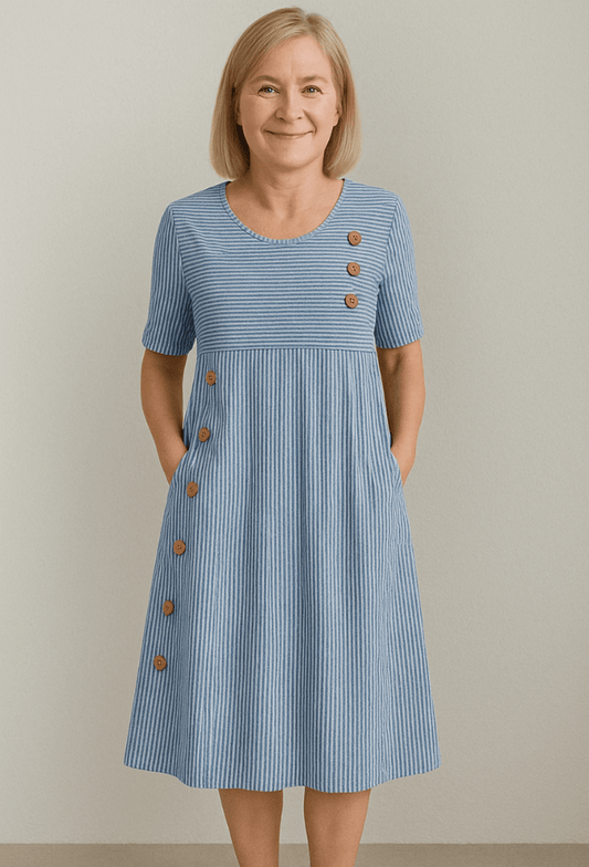Elena | Striped Button - Detail Midi Dress - E - moda