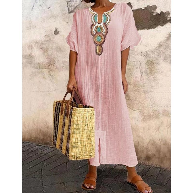 Marenya - Casual Linen Embroidered Split Dress - E - moda