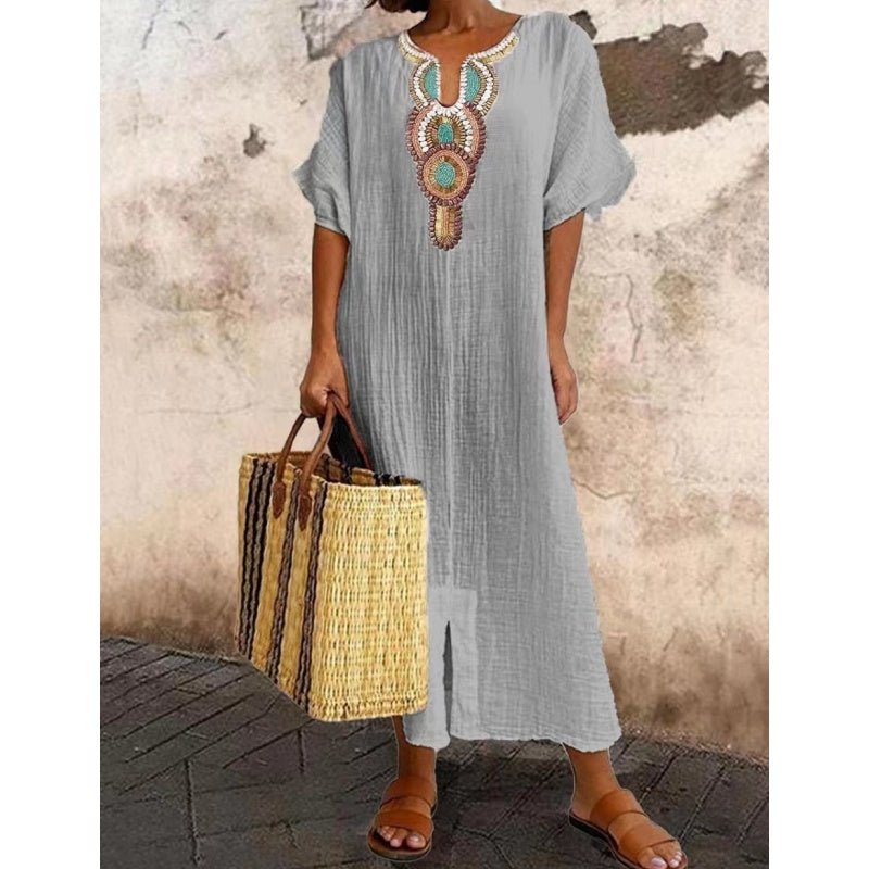 Marenya - Casual Linen Embroidered Split Dress - E - moda