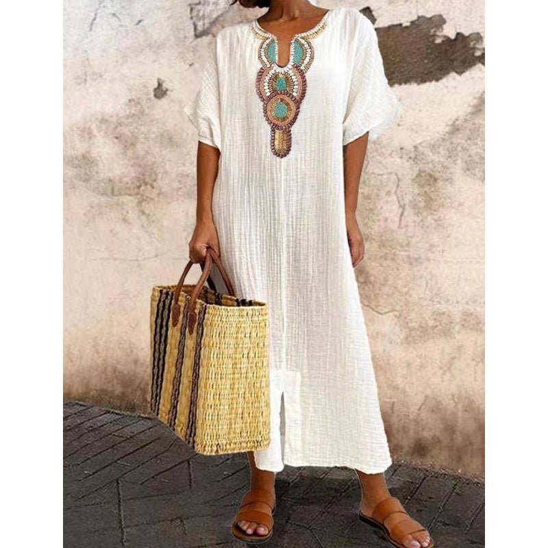 Marenya - Casual Linen Embroidered Split Dress - E - moda