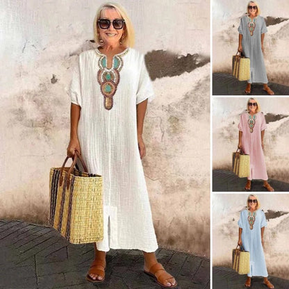 Marenya - Casual Linen Embroidered Split Dress - E - moda