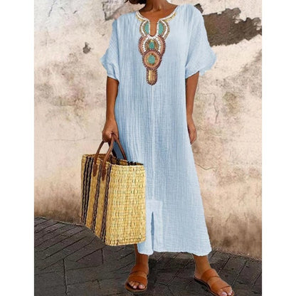 Marenya - Casual Linen Embroidered Split Dress - E - moda