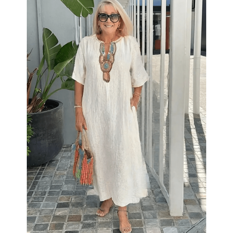 Marenya - Casual Linen Embroidered Split Dress - E - moda