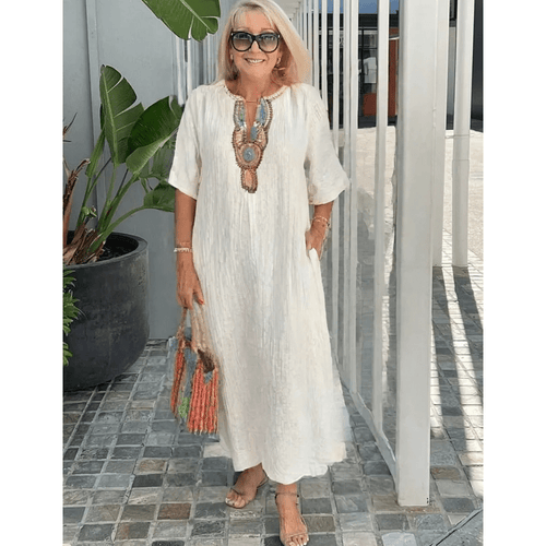 Marenya - Casual Linen Embroidered Split Dress - E - moda