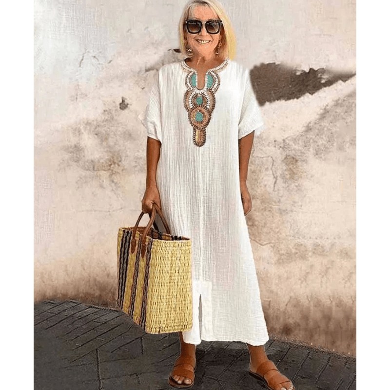 Marenya - Casual Linen Embroidered Split Dress - E - moda