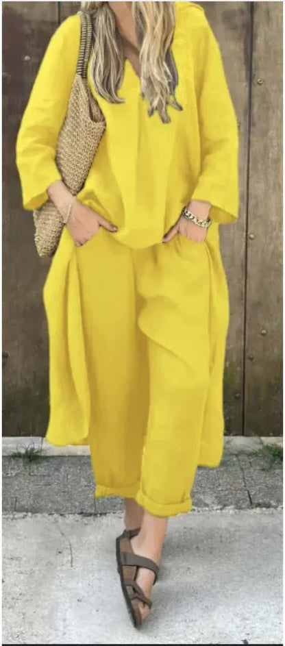 Women's 2 - Piece V - Neck Top & Wide - Leg Pants - E - moda