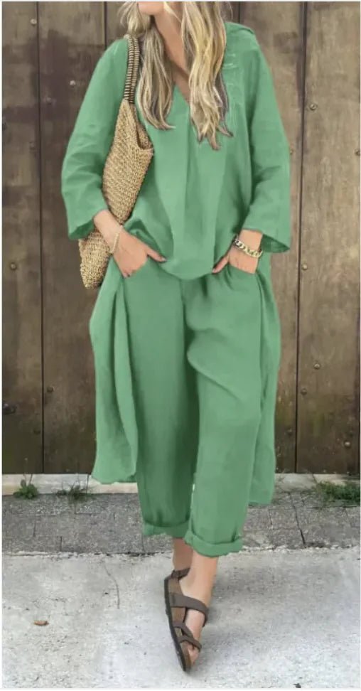 Women's 2 - Piece V - Neck Top & Wide - Leg Pants - E - moda